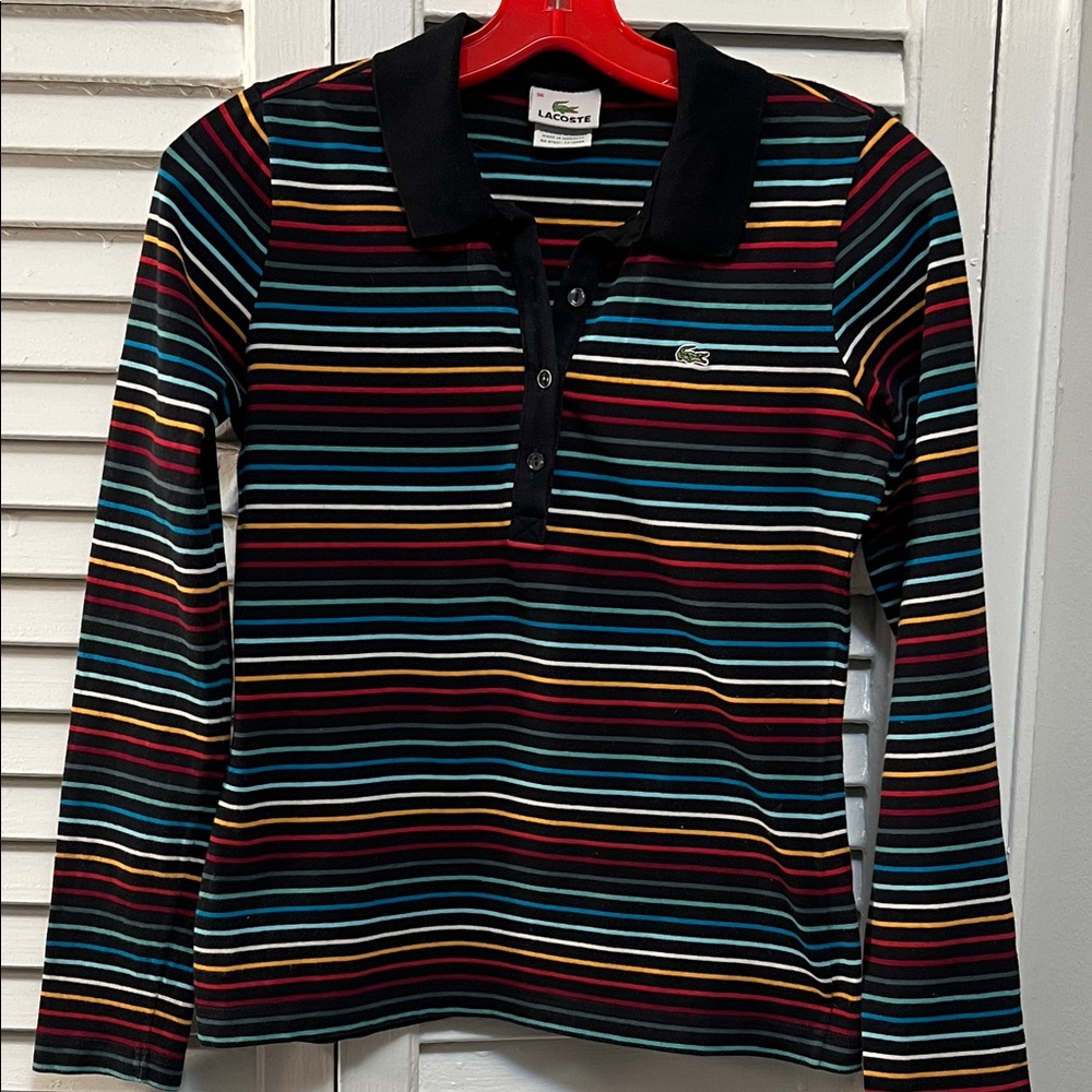 Lacoste Women’s Polo Shirt - Black with Multicolor Stripes size 36/ Small